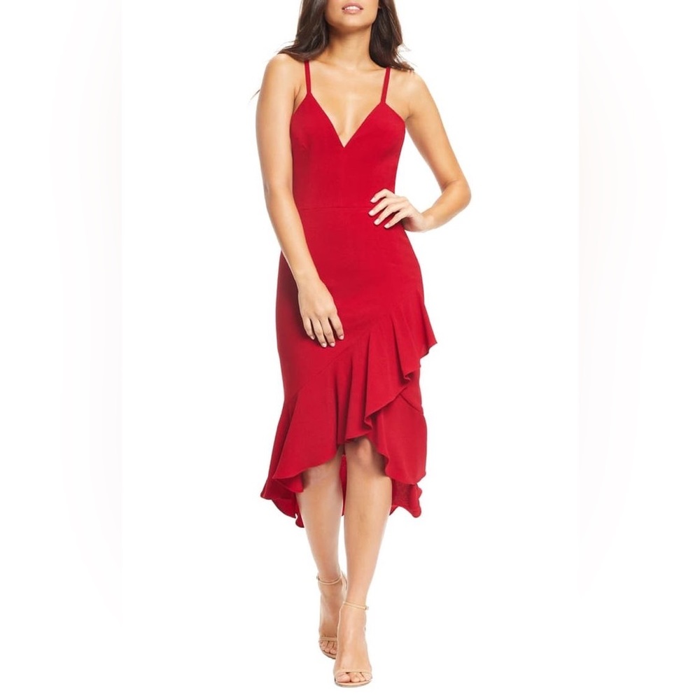 [dress the population] wendy high low dress in garnet